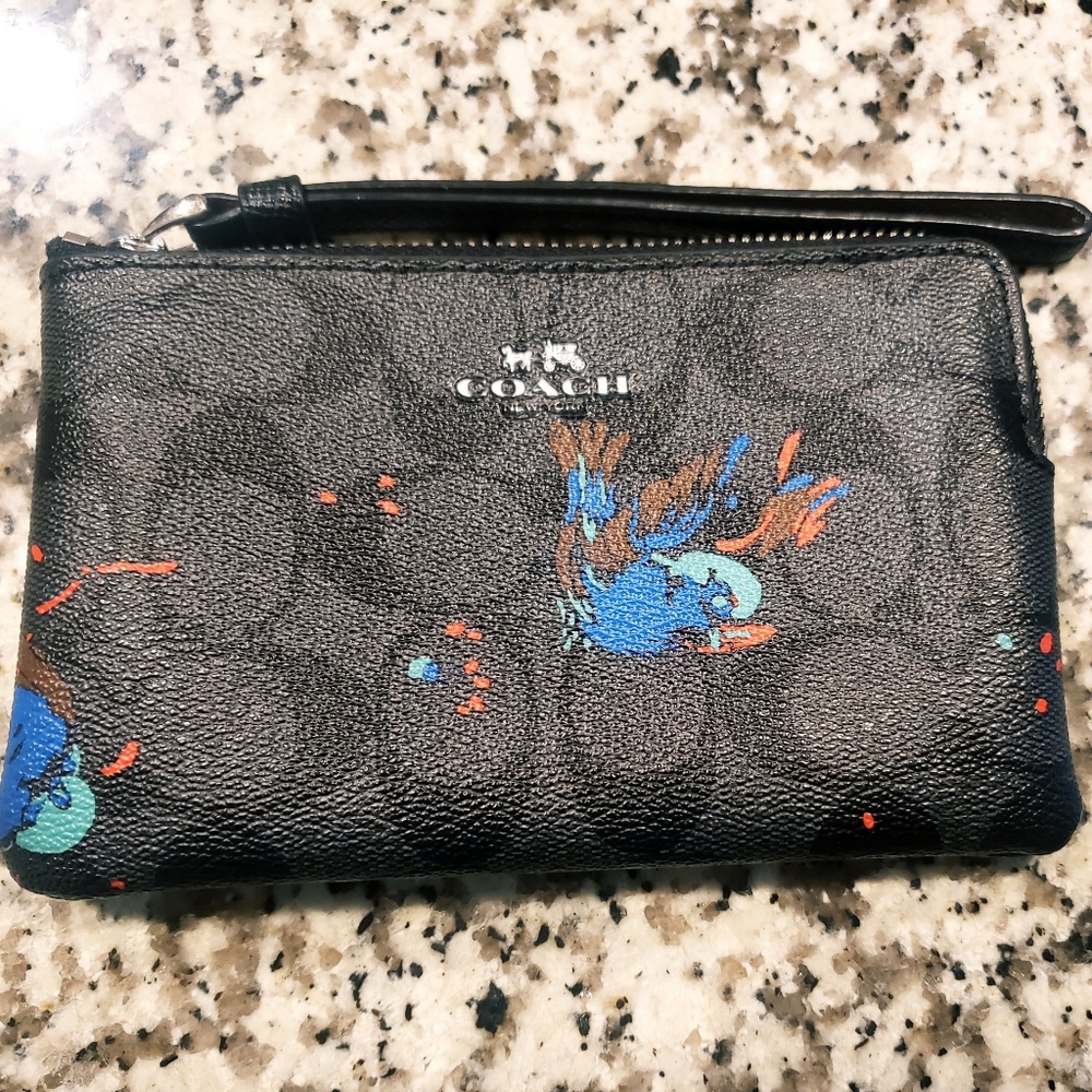 Coach Corner Zip Wristlet In Signature Canvas With Bird Print